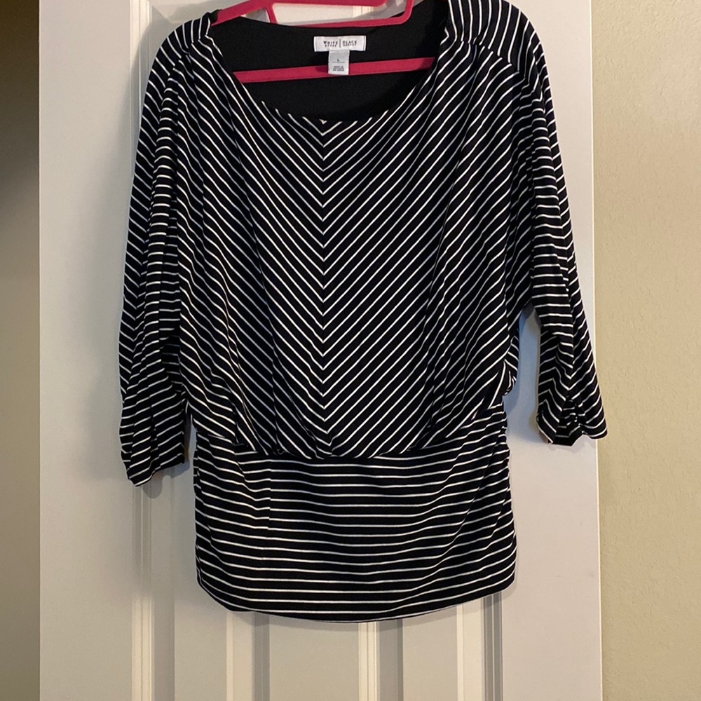 White House Black Mkt diagonal and horizontal striped blouse